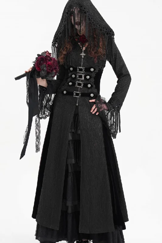 Black Buckle-up Tassels Hooded Women's Gothic Coat