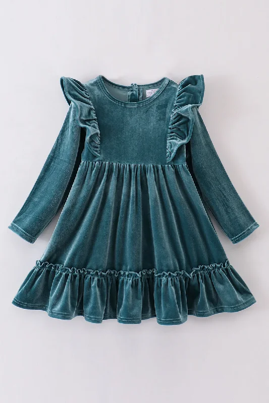 Premium Teal velvet ruffle dress