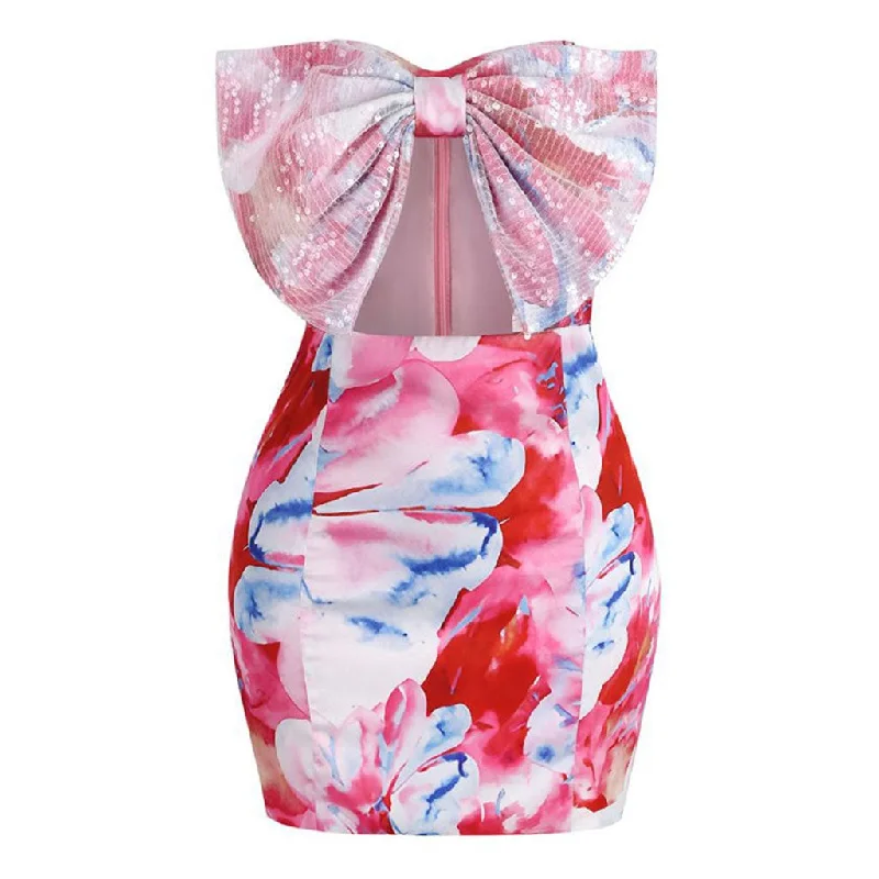 Fancy Sequin Big Bow Cutout Strapless Floral Printed Bodycon Mini Party Dress