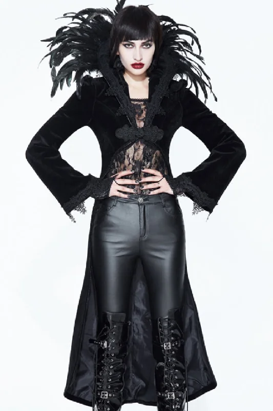 Black Feathered Collar Long Sleeves Bowknot Women's Gothic Tailcoat