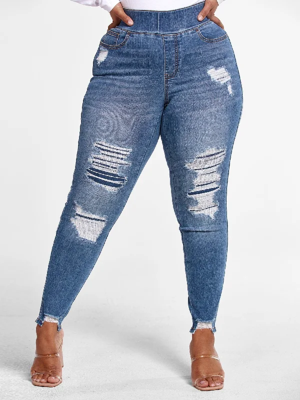 High Rise Medium Wash Destructed Jeggings - Short Inseam