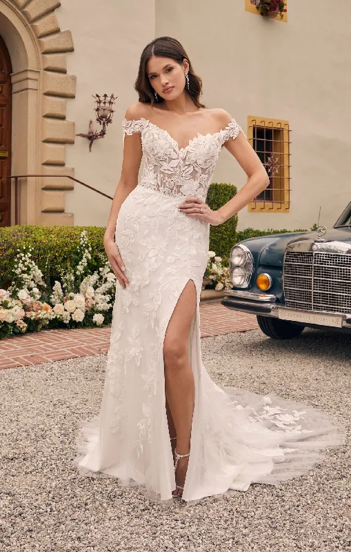 Casablanca Bridal 2541 Augustine A-Line Off The Shoulder 3D Floral Appliques Sheer Corset Train Slit Wedding Gown