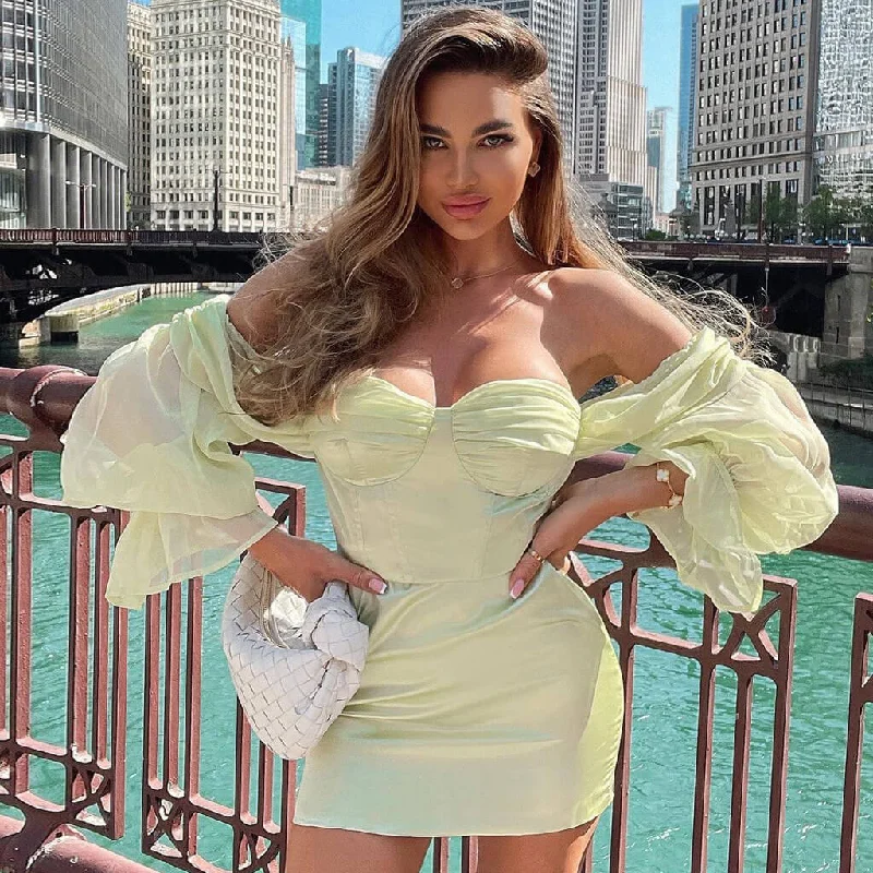 Silky Satin Off Shoulder Mesh Sleeve Bustier Corset Mini Dress - Sage Green