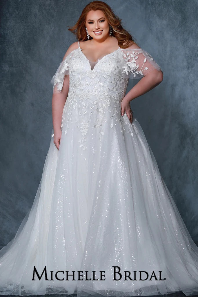 Michelle Bridal For Sydney's Closet MB2218 A-Line Silhouette V-Neck Natural Waistline Spaghetti Straps With Beading Off The Shoulder Flutter Sleeve With Elastic Band Tulle And Lace Appliques Plus Size "Delphine" Bridal Gown