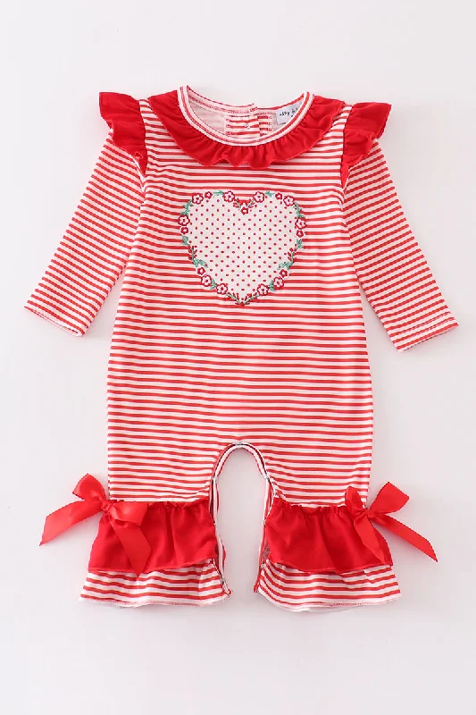 Red stripe valentine heart applique girl romper