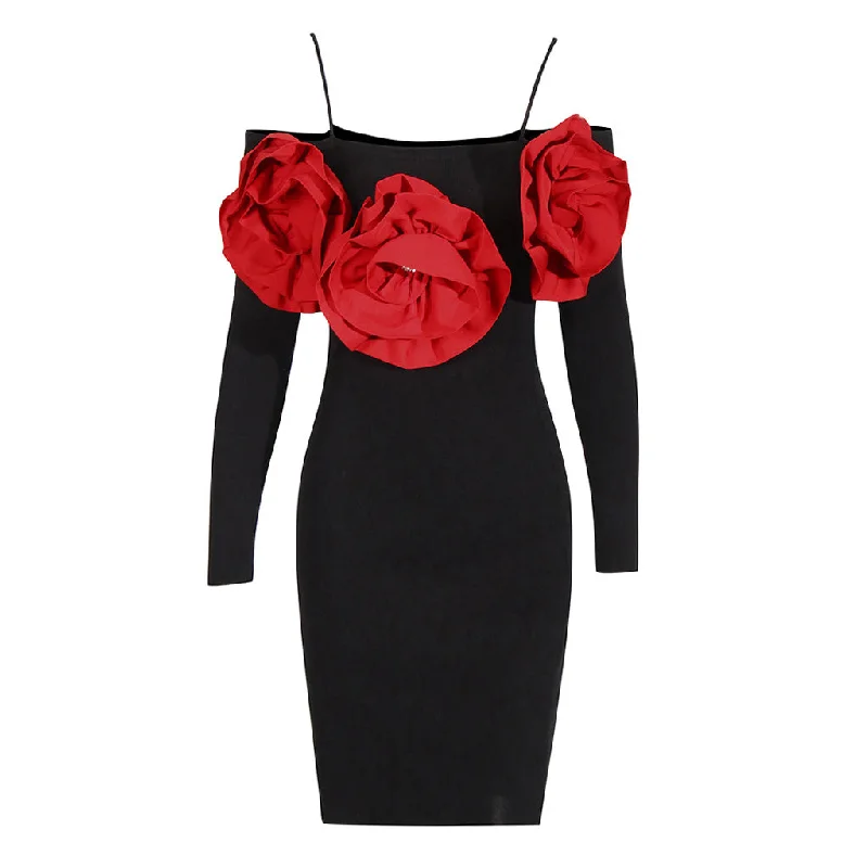 Sparkly Crystal Rosette Applique Cold Shoulder Bodycon Sweater Midi Dress