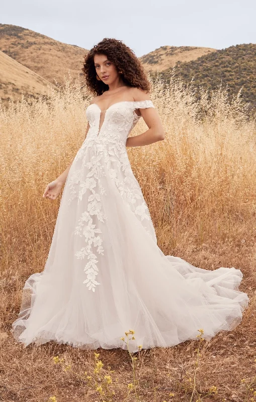 Casablanca Beloved BL433 Penny A-Line Floral Lace Deep V-Neck Off The Shoulder Tulle Train Wedding Gown