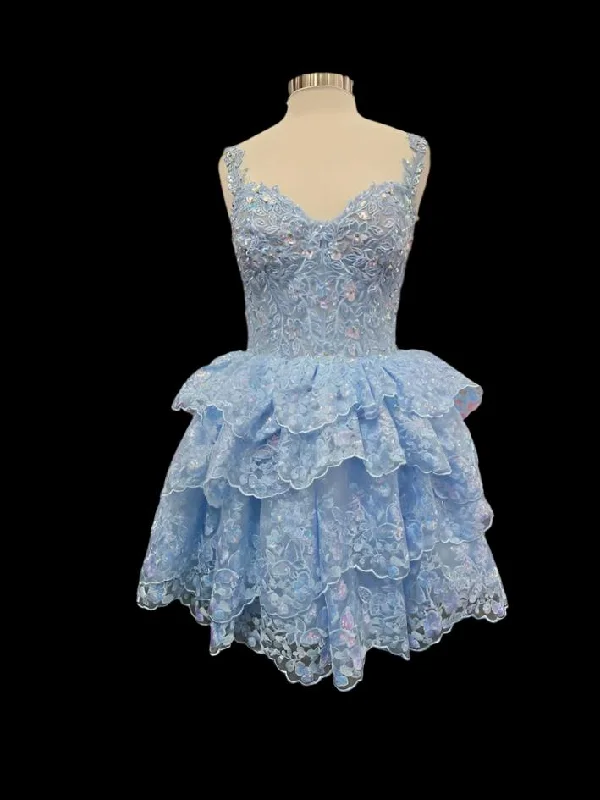 Jovani 37080 Size 10 Light Blue Short Lace Ruffle Homecoming Dress Sequin Corset Cocktail Gown Layer Skirt