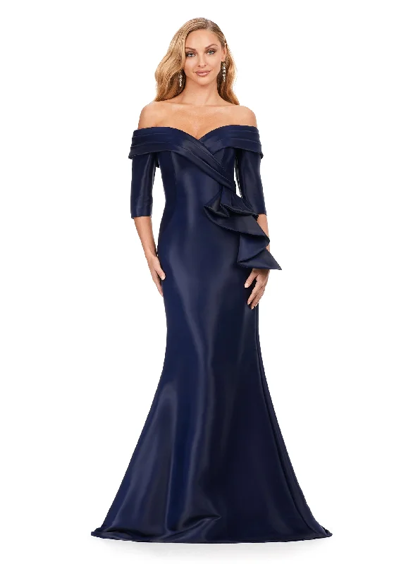 Ashley Lauren 11324 Phantom Satin Off The Shoulder Ruffle Detailing Mermaid Fitted Silhouette Evening Dress Long Prom Pageant