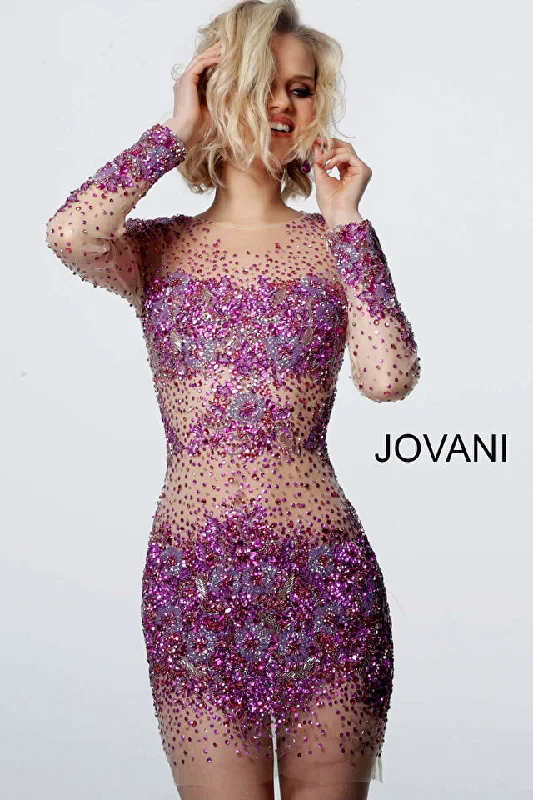 Jovani 47598 Sheer Beaded Long Sleeve Short Cocktail Homecoming Dress