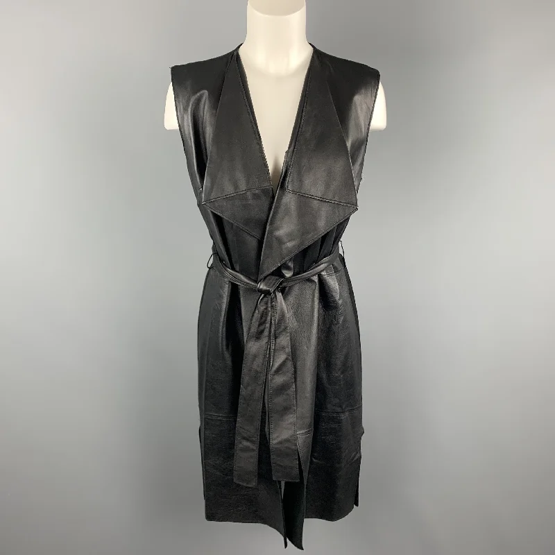 ST. JOHN Size S Black Draped Leather Front Wool Blend Knit Back Vest Coat