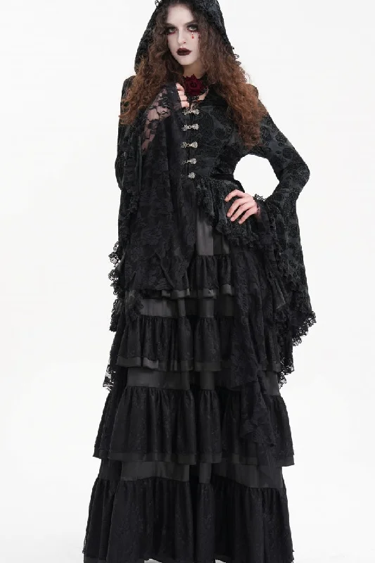 Black Long Trumpet Sleeves Multi-Layered Embroidery Lace Hooded Ripped Women's Gothic Jacket