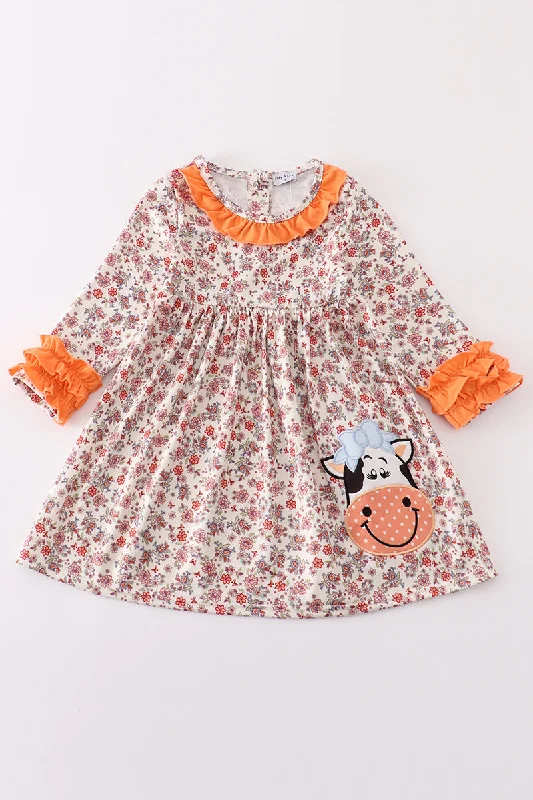 Coral floral cow applique dress