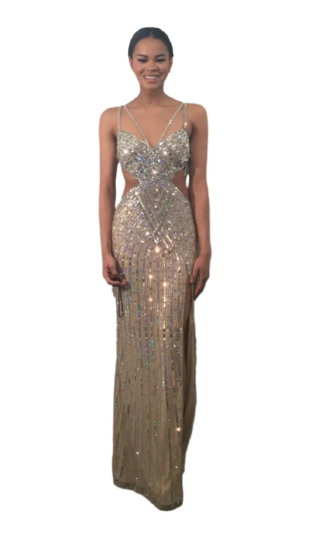 Jovani 40060 Size 00 Nude Long Sequin Cut Out Prom Dress Formal Crystal Gown Beaded