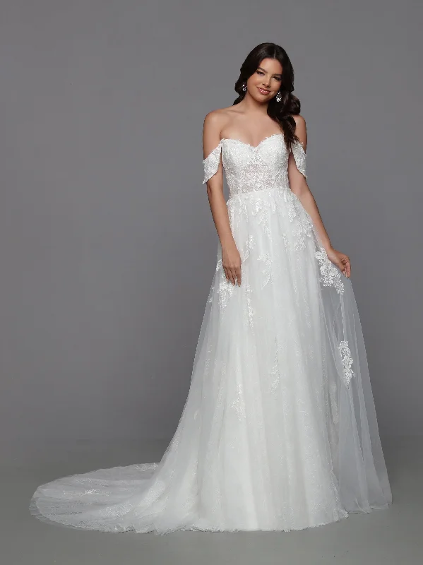 Davinci Bridal 50787 Long Lace A Line wedding dress off the shoulder Sheer Beaded Bodice