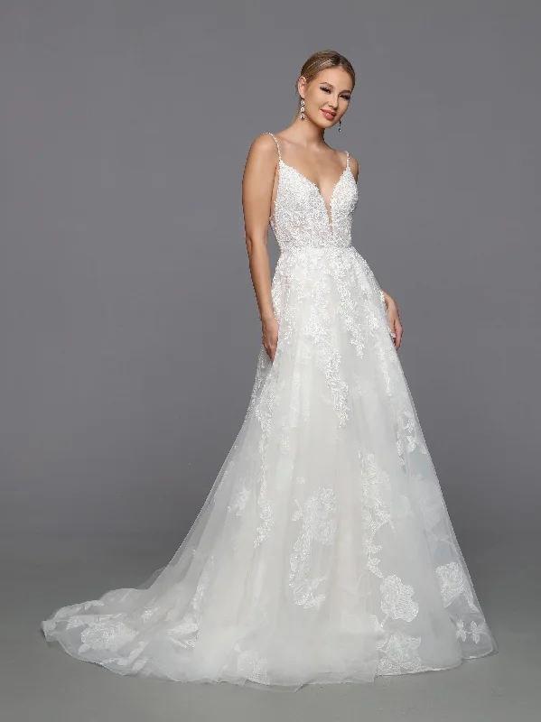 DaVinci Bridal 50768 A-Line Ballgown Floral Lace Deep V-Neck Open Back Spaghetti Straps Wedding Gown