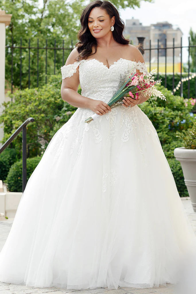 Michelle Bridal For Sydney's Closet MB2310 Soft Bridal Tulle Over Embossed Tulle Floral Pattern Embroidered Lace Appliques Clear Sequins Off The Shoulder Lace Straps  Plus Size "Denali" Bridal Gown