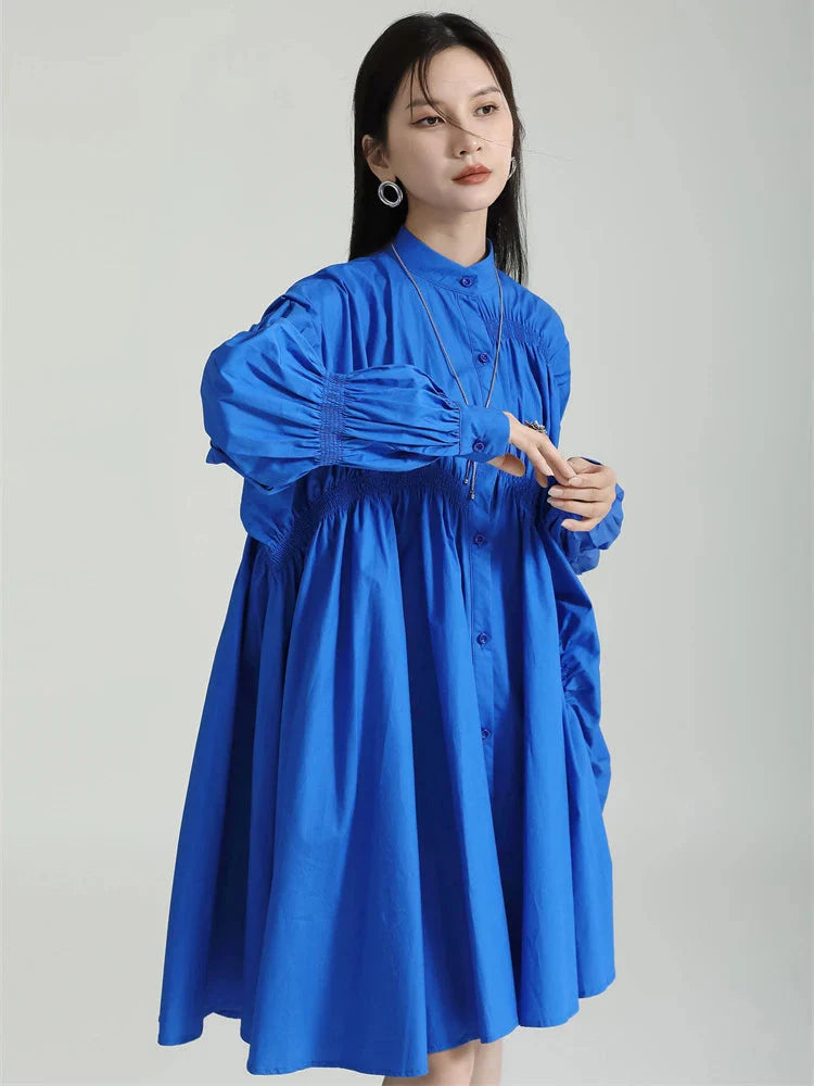 Hotaru Long Sleeve Pleated Shirt Dress - Blue