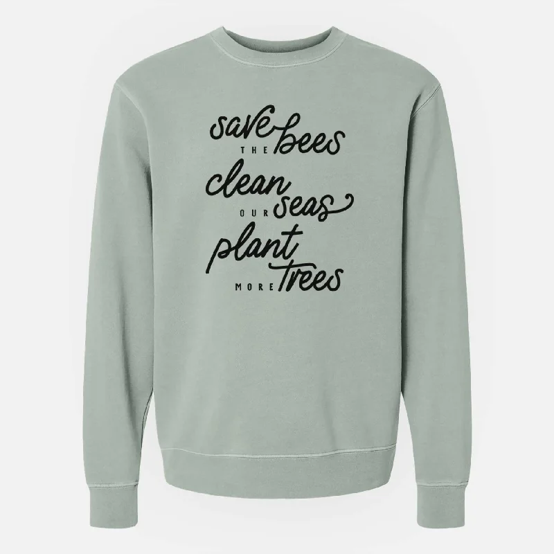 Bees Seas Trees - Typography - Unisex Pigment Dyed Crew Sweatshirt