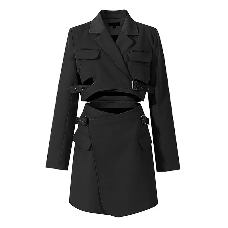 Stylish Lapel Collar Wrapped Strappy Belted Cut Out Mini Blazer Dress