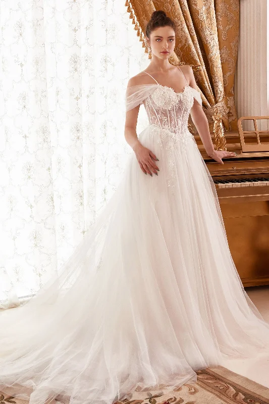 Ladivine WN307 A Line Tulle off the shoulder Sheer Corset Wedding Dress Beaded Bridal Gown