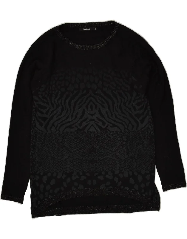 DESIGUAL Womens Crew Neck Jumper Sweater UK 10 Small Black Animal Print