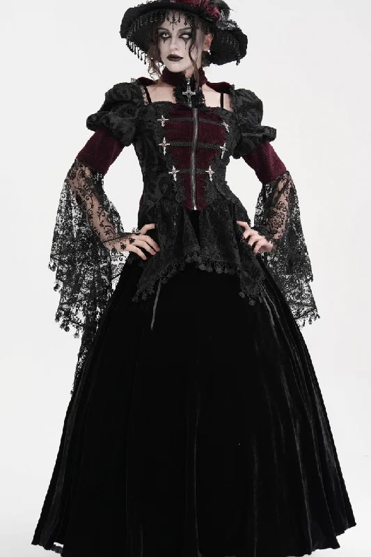 Wine Red Long Sleeves Hollow Lace Tassels Women's Gothic Jacket