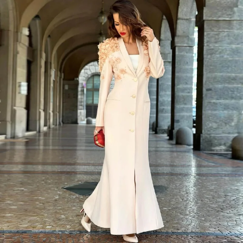 Elegant Rosette Applique Strong Shoulder Single Breasted Long Blazer Dress