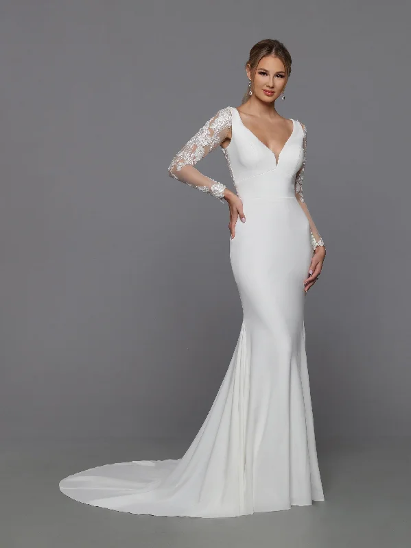 DaVinci Bridal 50776 Fit And Flare V-Neck Sheer Lace Applique Back Bodice Sleeves Train Wedding Gown