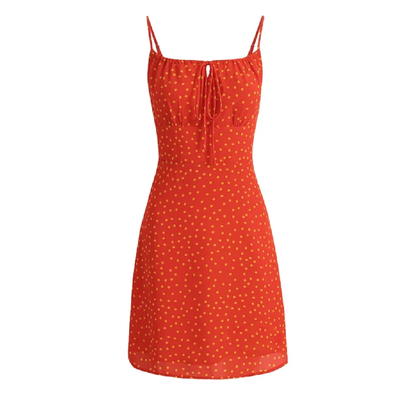 Sexy Tie Neck Smocked Sleeveless A Line Polka Dot Print Mini Sundress