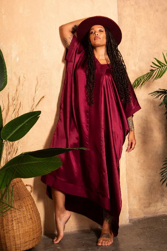 The Muse Italian Silk Caftan in Wine with V neckline