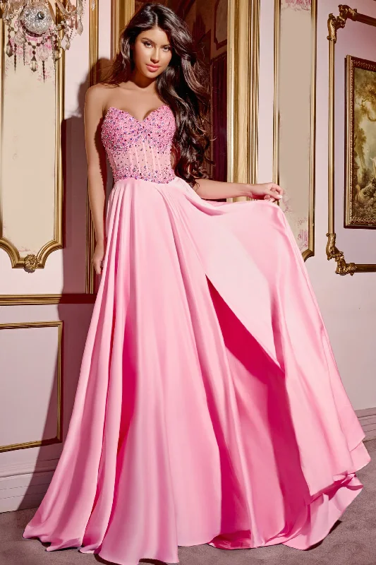 Jovani D6021 Sheer Pink Crystal Corset A Line Prom Dress V Neck Slit Formal Gown Chiffon