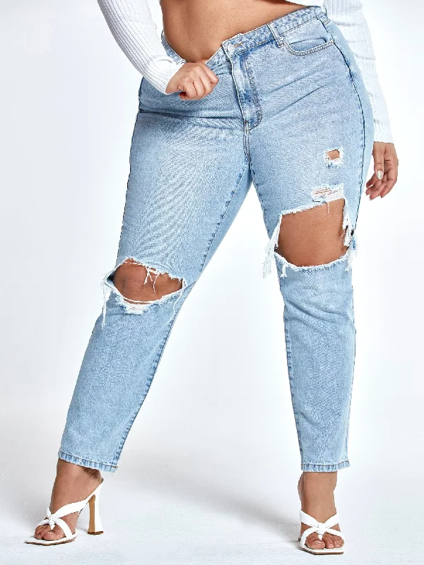 High Rise Straight Leg Jeans with Cutouts