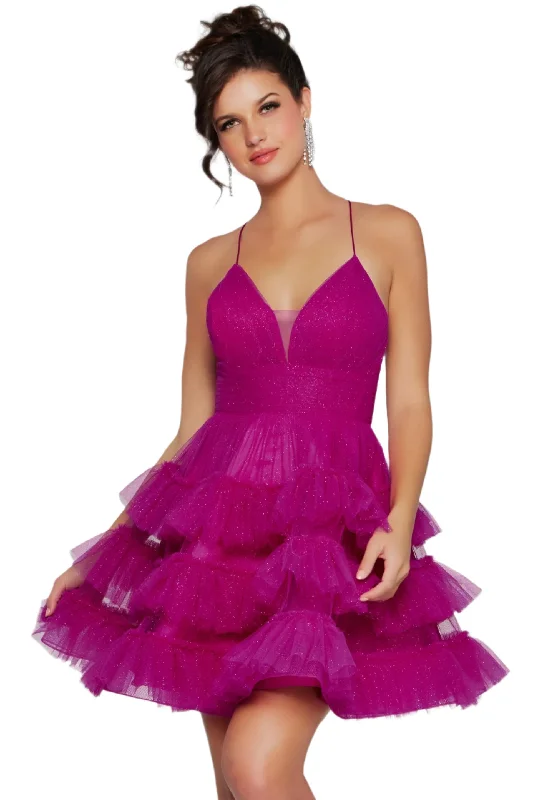 Jovani 39655 Short Layer Tulle Shimmer Homecoming Dress Flared Cocktail Dress Corset Backless