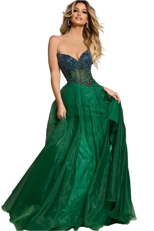 Jovani 39650 Beaded Sheer Corset A Line Pageant Dress Slit Pointed neck Asymmetrical waist