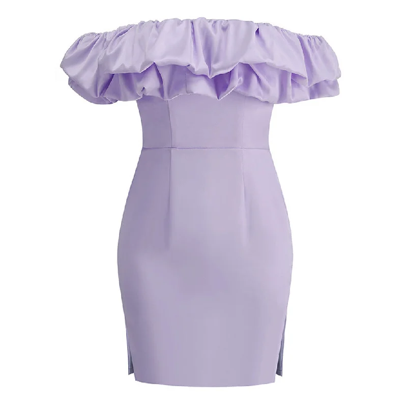 Dramatic Ruffle Off the Shoulder Side Split Satin Bodycon Mini Party Dress