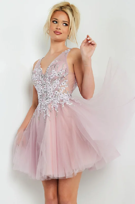 Jovani 09518 Mauve Fit and Flare V-Neckline Open Back Cocktail Homecoming Dress