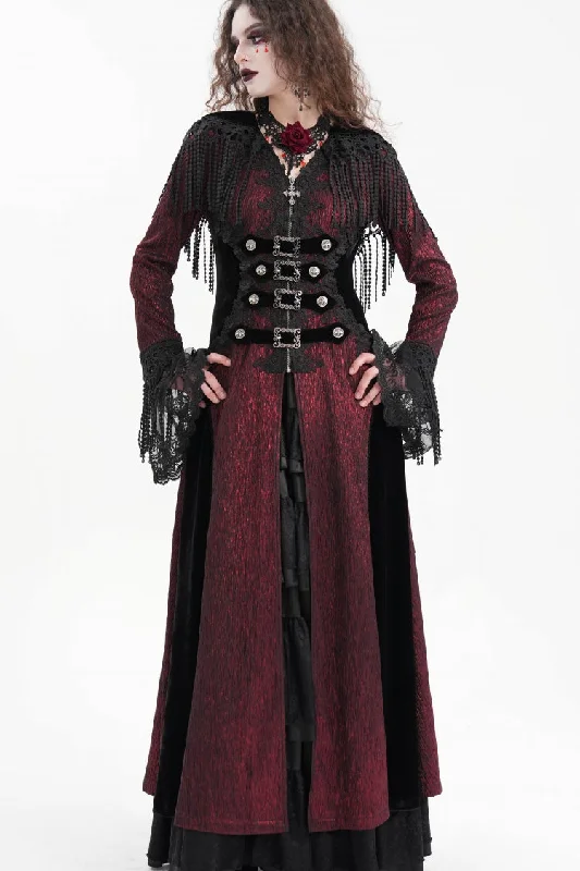 Red Buckle-up Tassels Women's Gothic Jacket with Hood