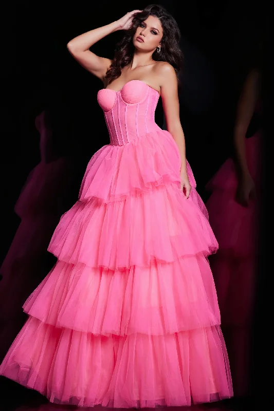 Jovani 37062 Hot Pink Prom Dress Corset Bodice Tiered Ruffle Ball Gown Skirt Formal Pageant Gown