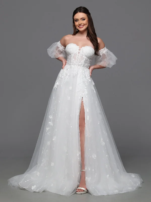 Davinci Bridal 50836 A line Pudd Sleeve Wedding Dress Slit Sheer Corset Beaded Bridal Gown