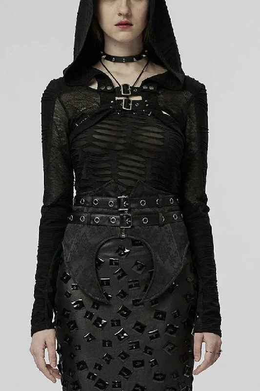 Black Hollow Stretch-Knit Stitching Detachable Hooded Stripe Buckles Womens Steampunk Jacket