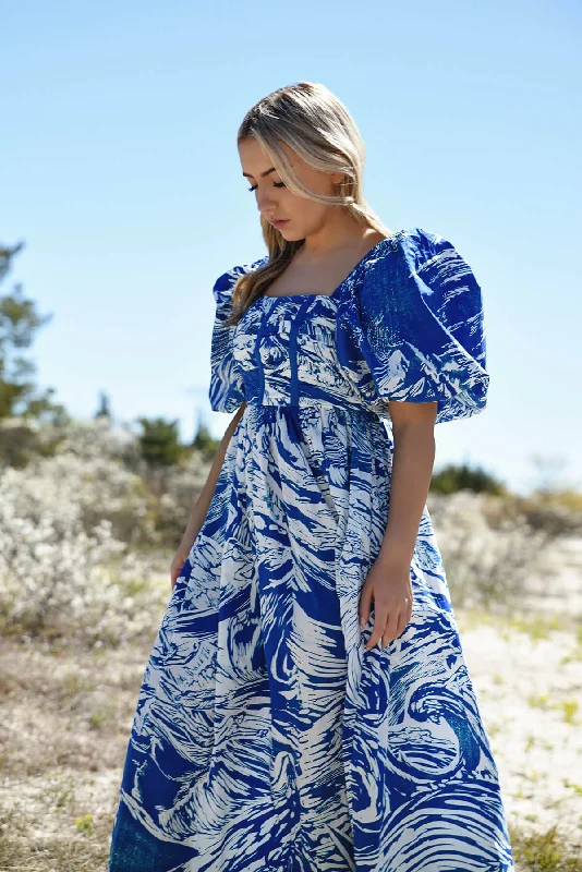 Blue Printmaking Square-Neck Cotton Midi Dress