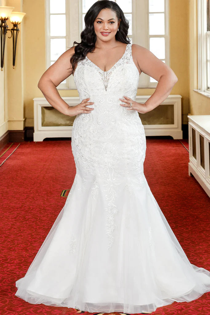 Michelle Bridal For Sydney's Closet MB2317 Fitted Silhouette Tulle Lace Embroidered Lace Appliques Seed Pearls Bugle Beads, Crystals Clear Sequins Satin Lining Deep V-Neck Plus Size "Netali" Bridal Gown