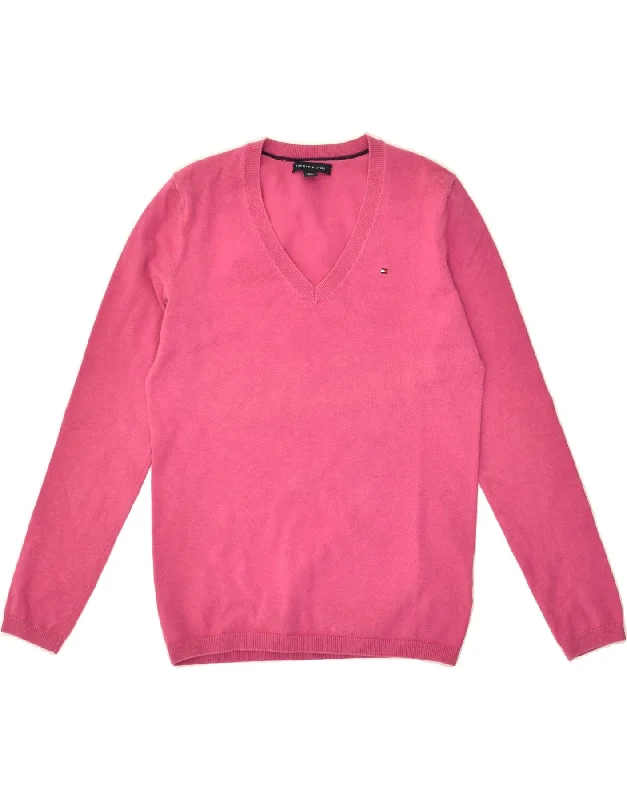 TOMMY HILFIGER Womens V-Neck Jumper Sweater UK 4 XS Pink Cotton