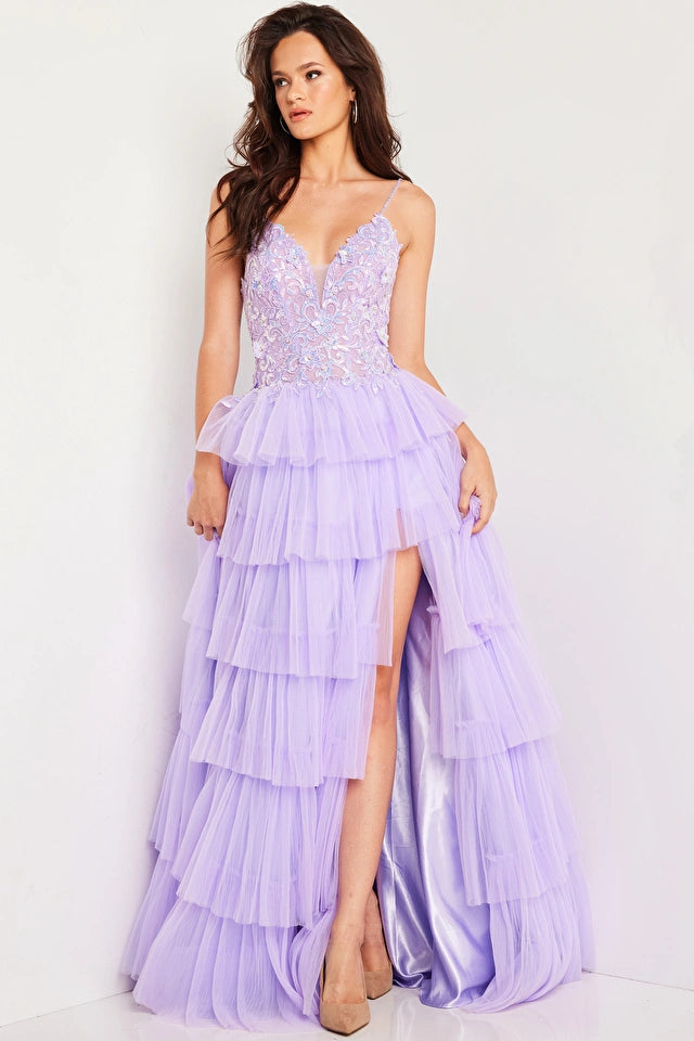 Jovani 37190 Long Prom Dress A-Line Sequin Plunging Neckline Layered Over Skirt High Slit Formal Pageant Gown