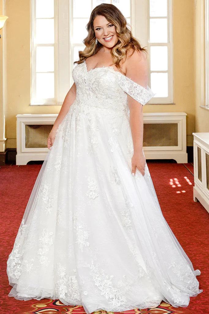 Michelle Bridal For Sydney's Closet MB2320 A-Line Floral Lace Clear Sequins Chantilly Lace Organza Detachable Drop Sleeve Lace Appliques Over Net Sweetheart Neckline Plus Size "Vera" Bridal Gown