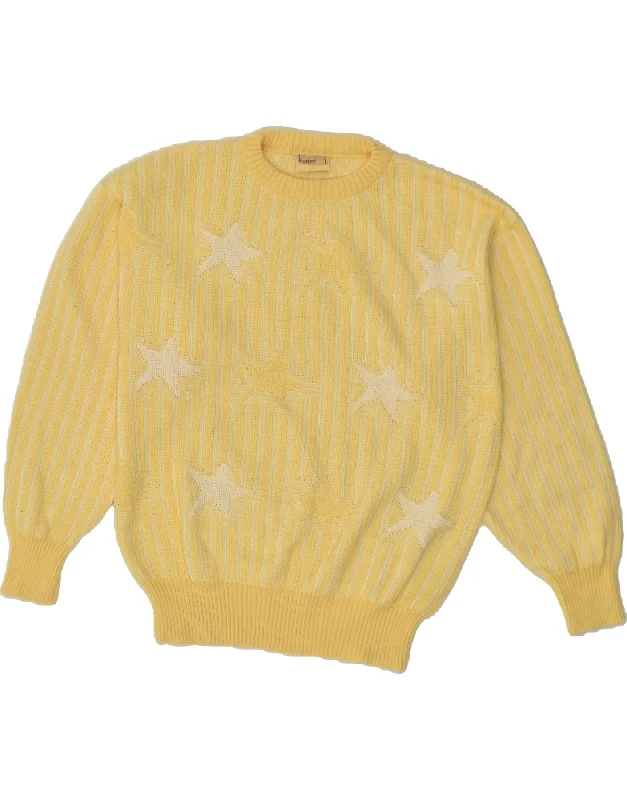 RODES Womens Crew Neck Jumper Sweater UK 16 Large Yellow Striped Cotton