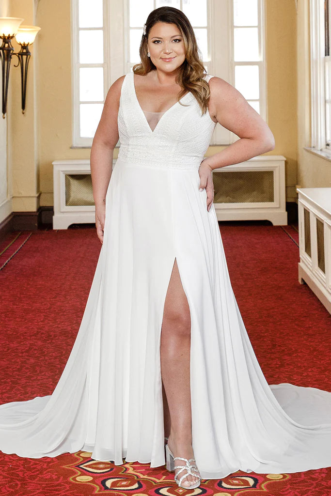 Michelle Bridal For Sydney's Closet MB2304 A-Line Bridal Chiffon Boho Lace Sleeveless V-Neck Plus Size "Taye" Bridal Dress