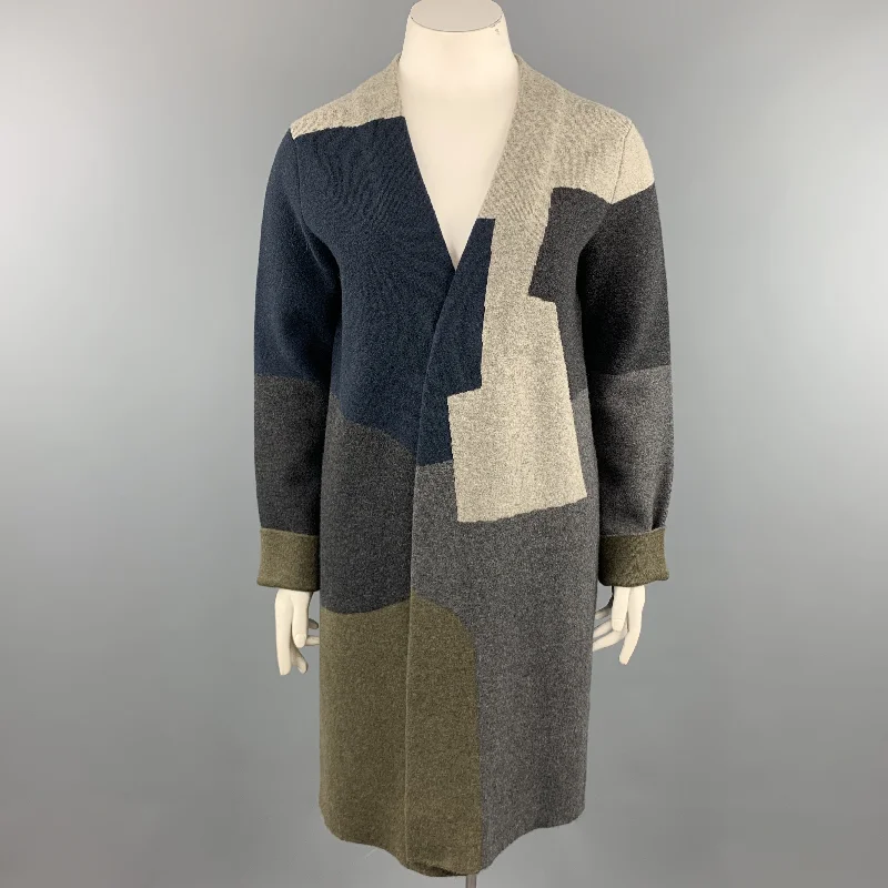 JIL SANDER Size 12 Grey Navy & Olive Green Color Block Cashmere Coat