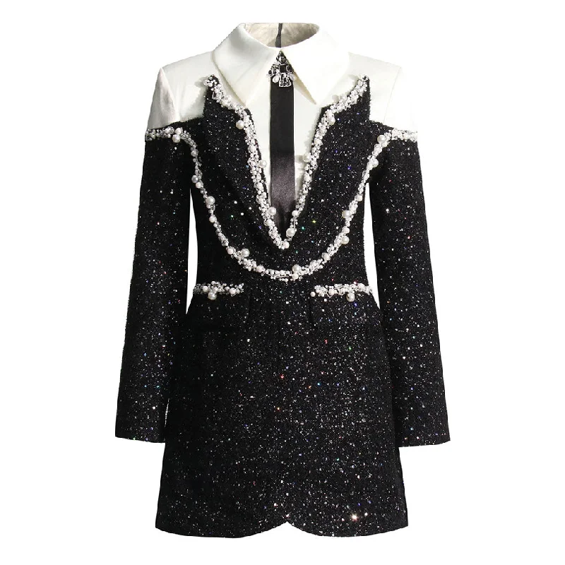 Opulent Crystal Satin Tie Long Sleeve Pearl Sequin Hybrid Tweed Mini Dress